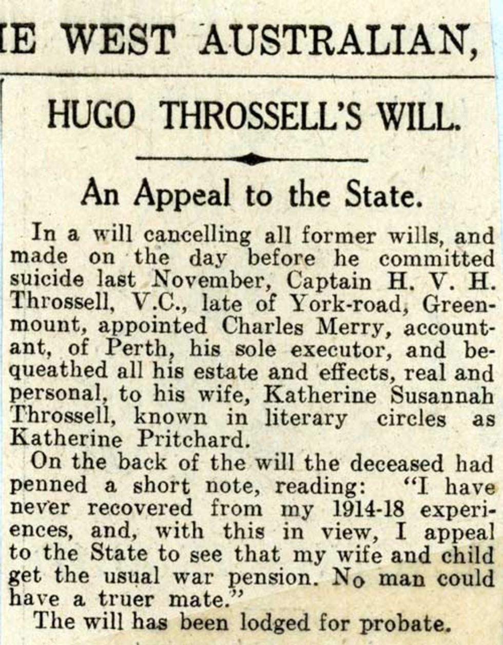 Hugo Throssell's will and suicide note.