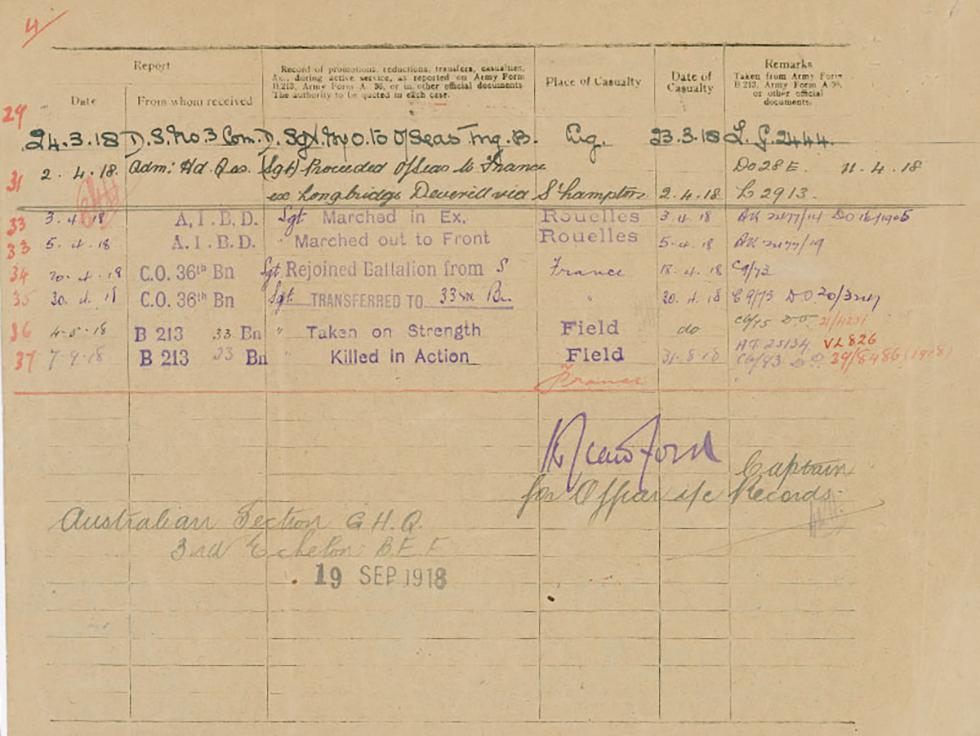 Injuries and death of Sergeant Francis Abbott, killed in action, Peronne, France.