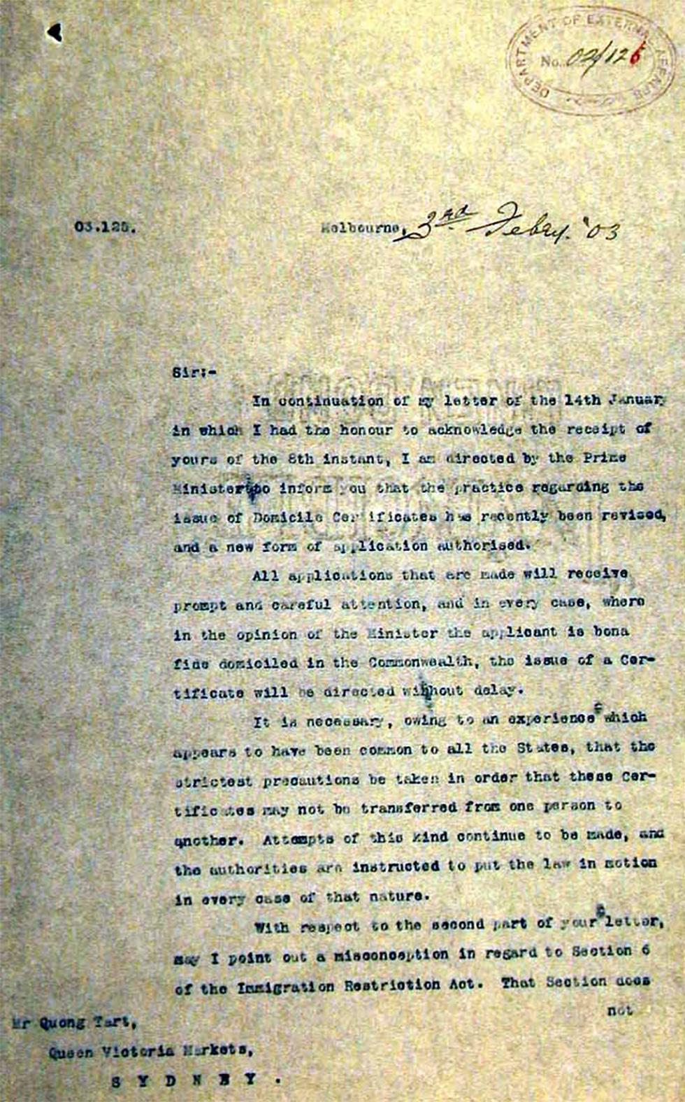 Letter of reply to Quong Tart, regarding the conditions in which a Domocile Certificate is issued - page 1.