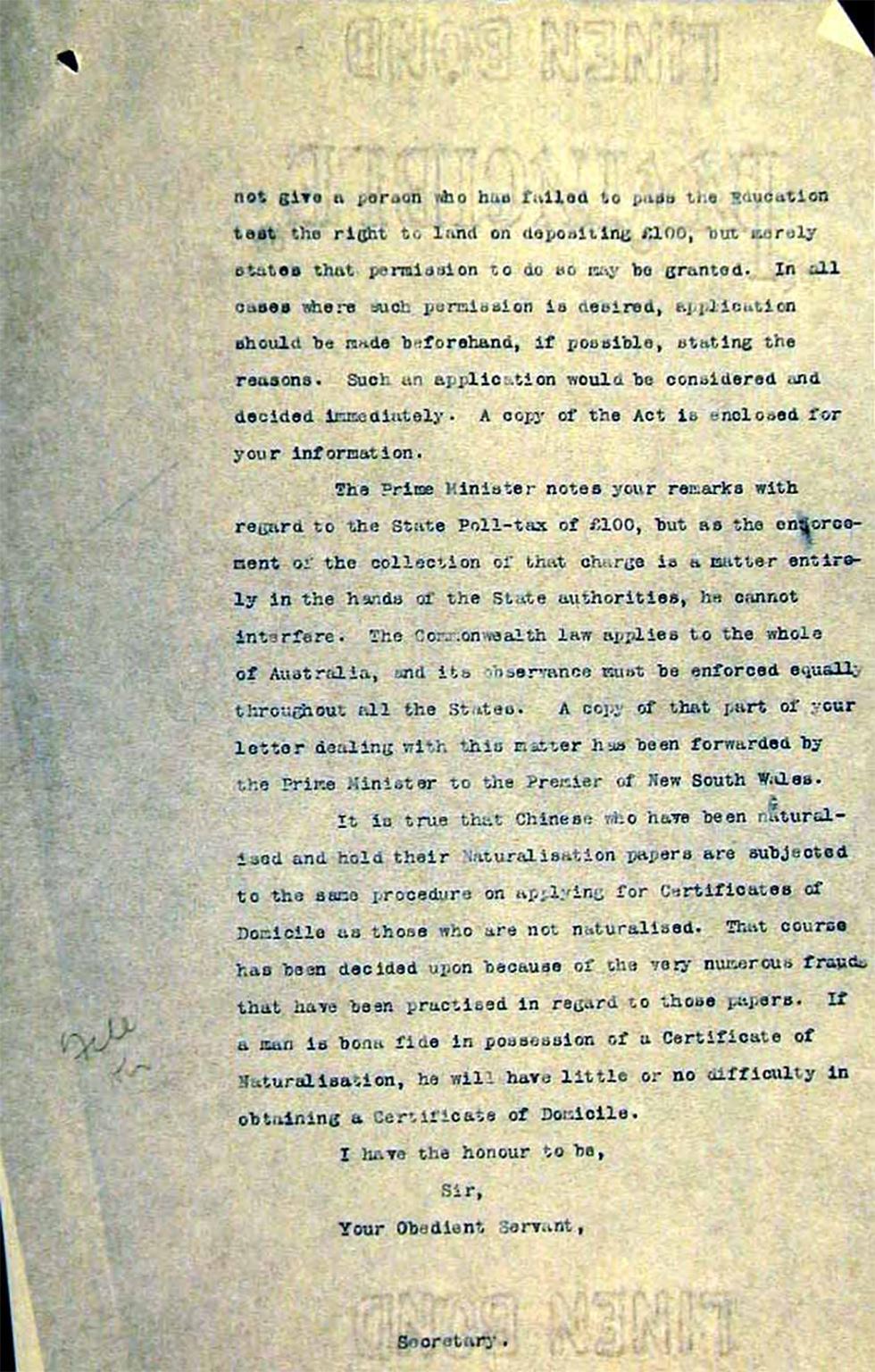 Letter of reply to Quong Tart, regarding the conditions in which a Domocile Certificate is issued - page 2.