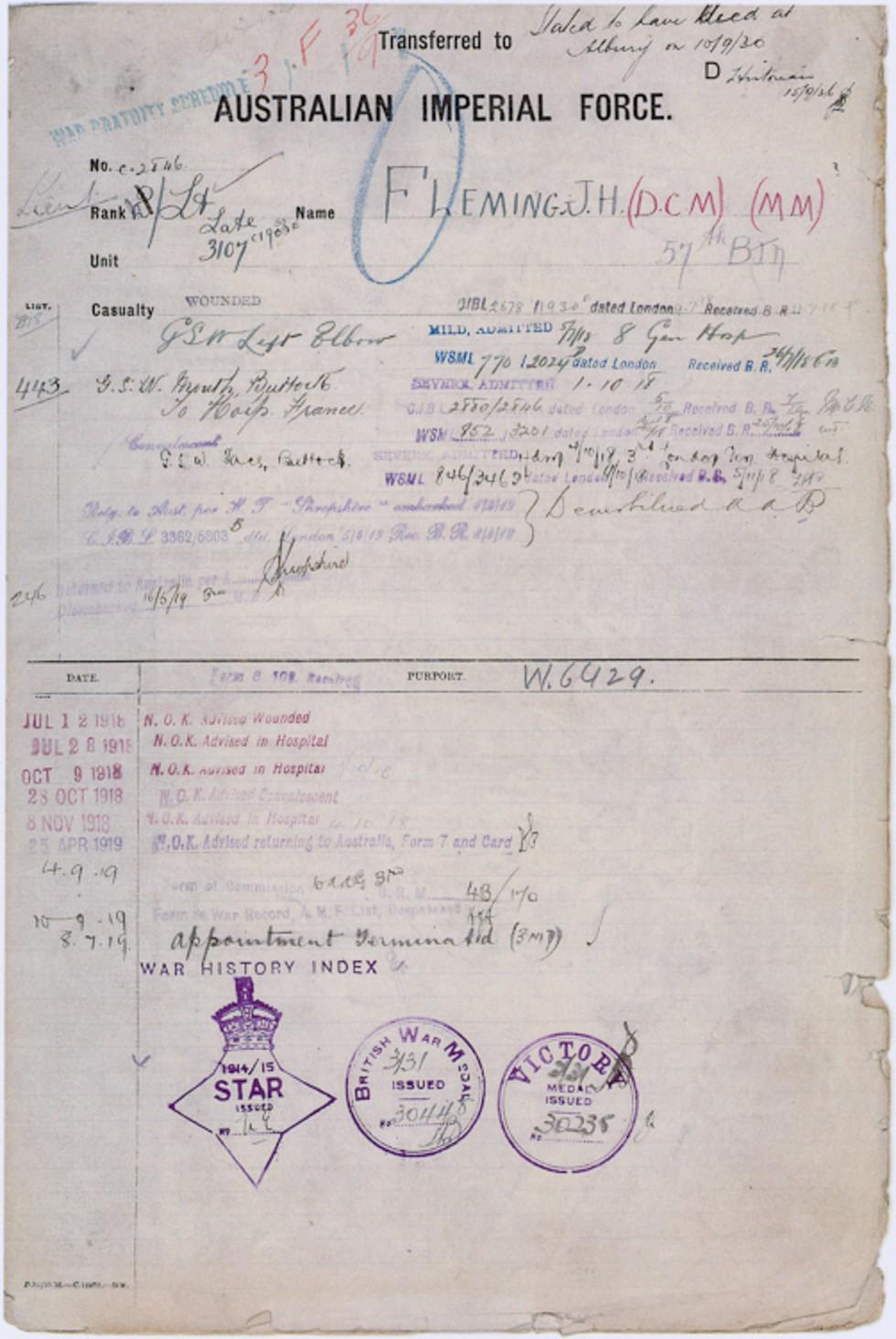 This is an extract from the World War I service dossier of James Holmes Fleming, it shows the medals he was entitled to, and also offers details such as his service number and when he was discharged. 