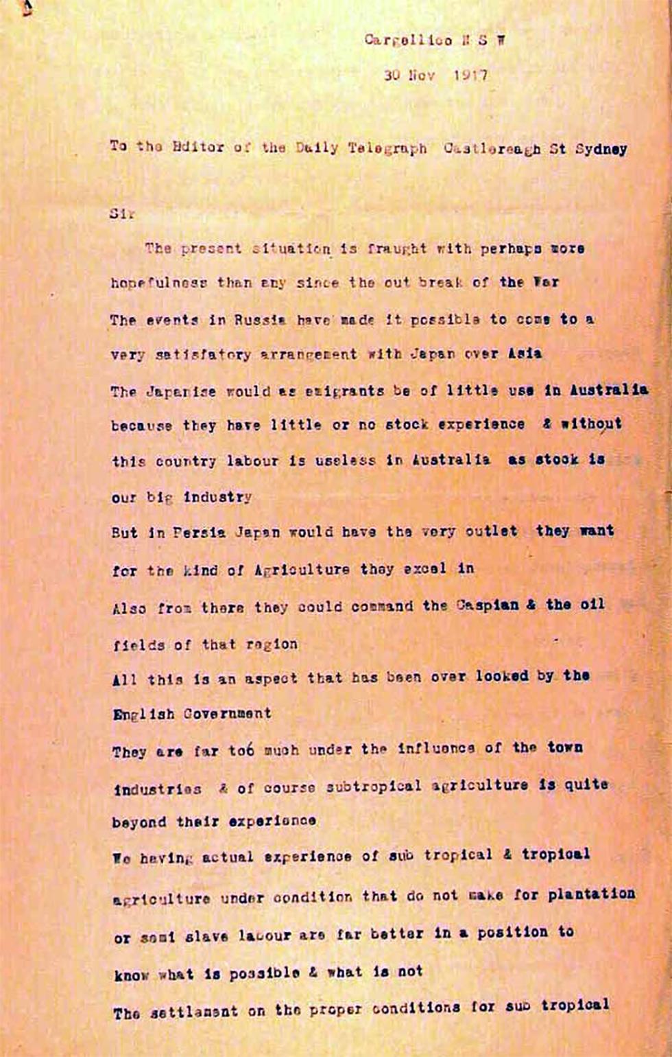 Letter to the editor, Daily Telegraph, opposing the migration of Japanese citizens to Australia - page 1.