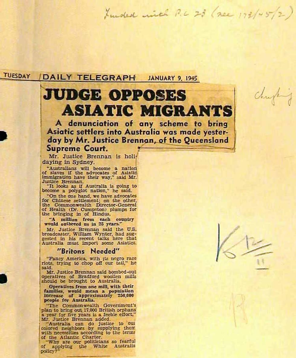 Newspaper article detailing Justice Brennan's opposition to migration from Asia.