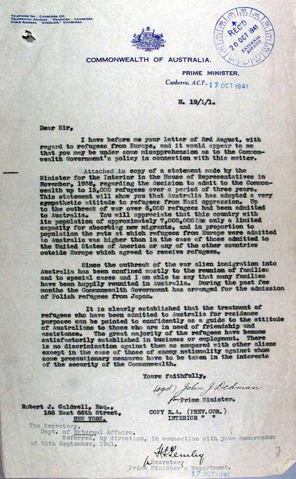 Letter written on behalf of Prime Minister regarding the acceptance of refugees during World War II.