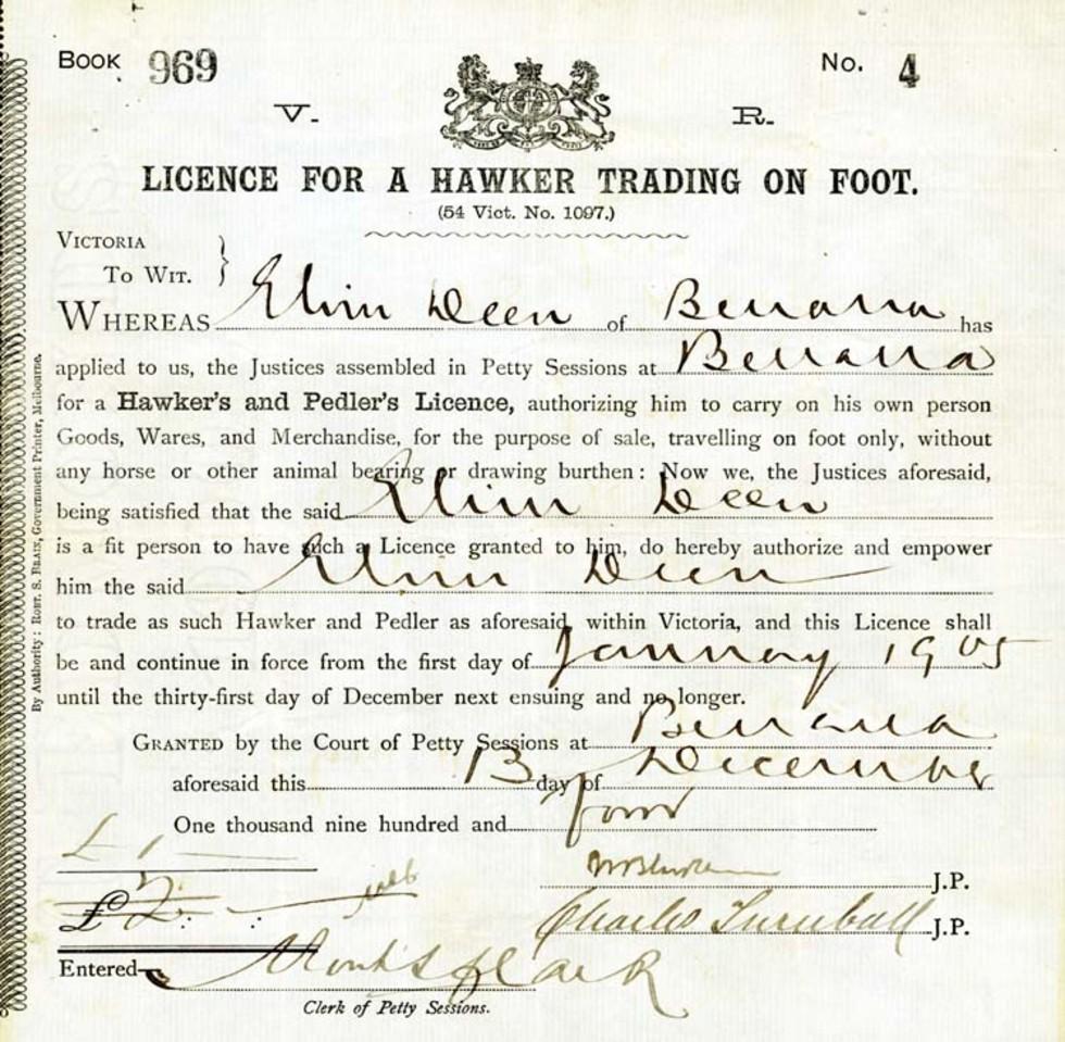 Licence for a hawker trading on foot.