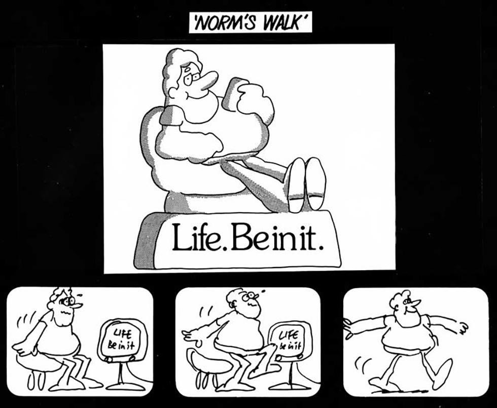 Black-and-white cartoon drawn by Alex Stitt is from the 1977 ‘Life. Be in it’ national public health campaign.