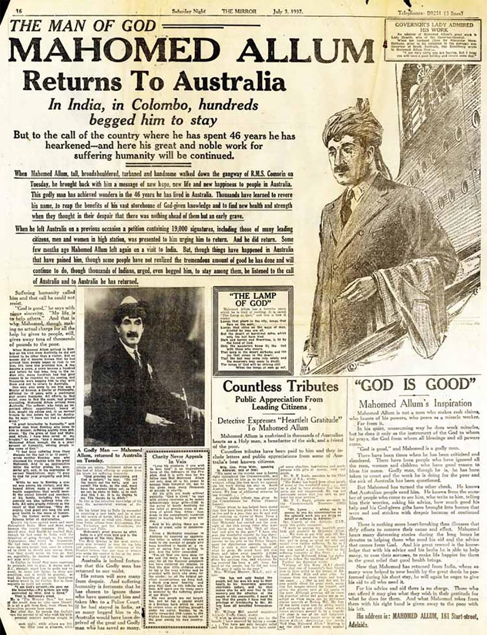 Newspaper article about Mahomet Allum returning to Australia.