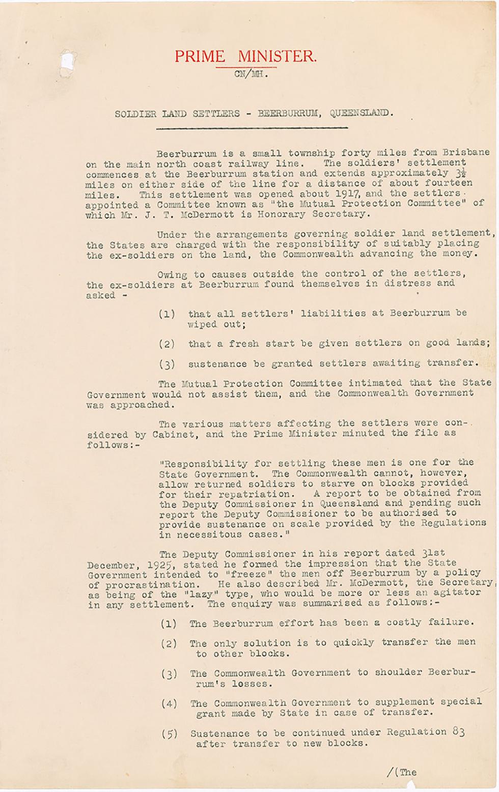 Memorandum regarding Beerburrum soldier settlement.