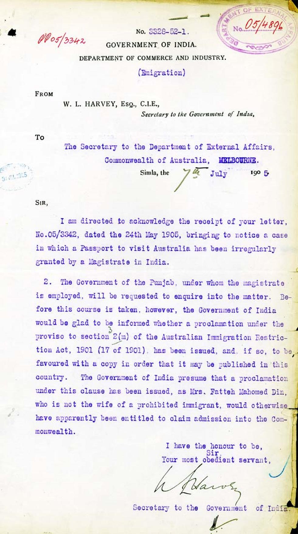 Purple type on Government of India Department of Commerce and Industry template: letter to the Secretary of the Department of External Affairs.