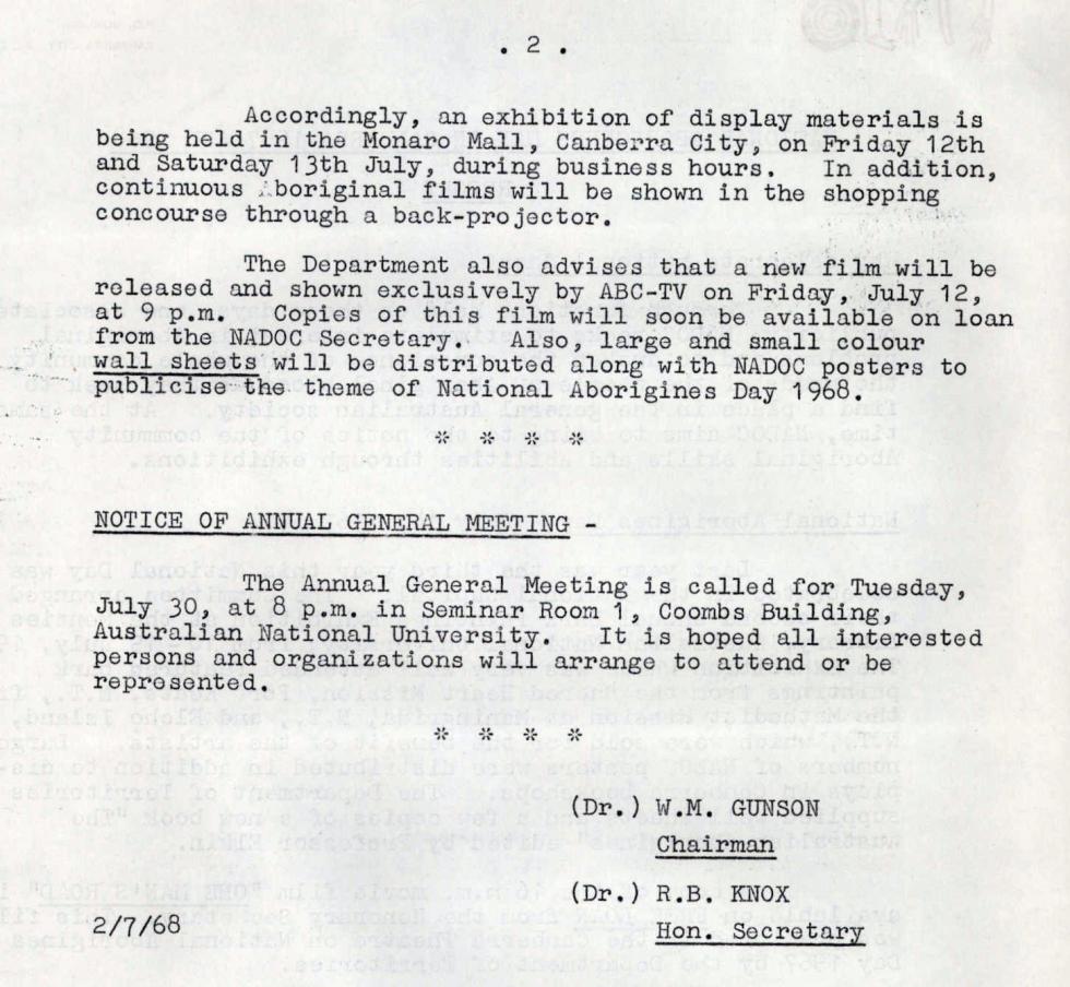 Typed report from NADOC, ACT: National Aborigines Day in Canberra 1967 and 1968, page 2.