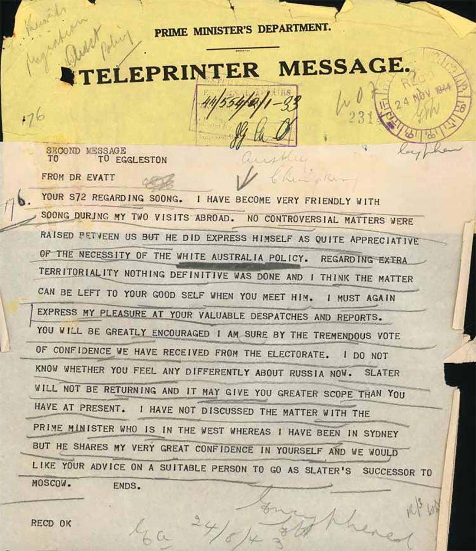 Teleprinter message to Eggleston, regarding  the White Australia Policy.