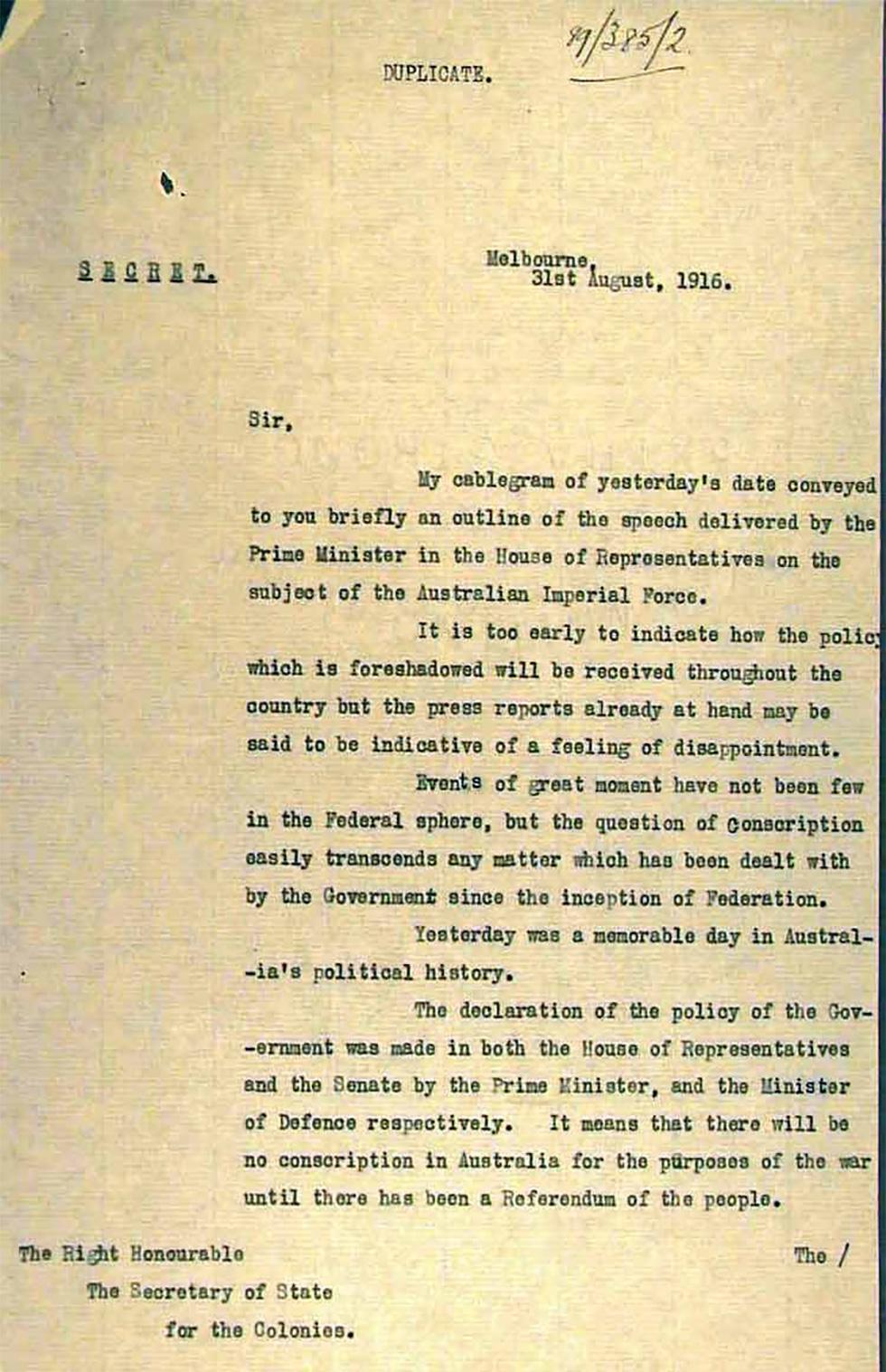 A letter to the Secretary of State for the Colonies - page 1.