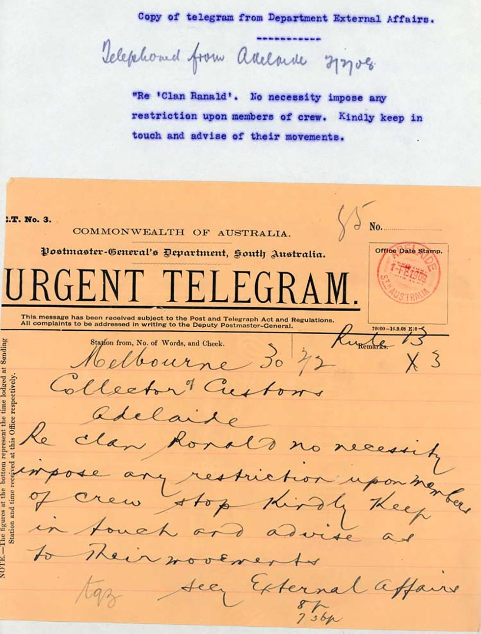 Record of a phone call and urgent telegram to the Collector of Customs, Adelaide.