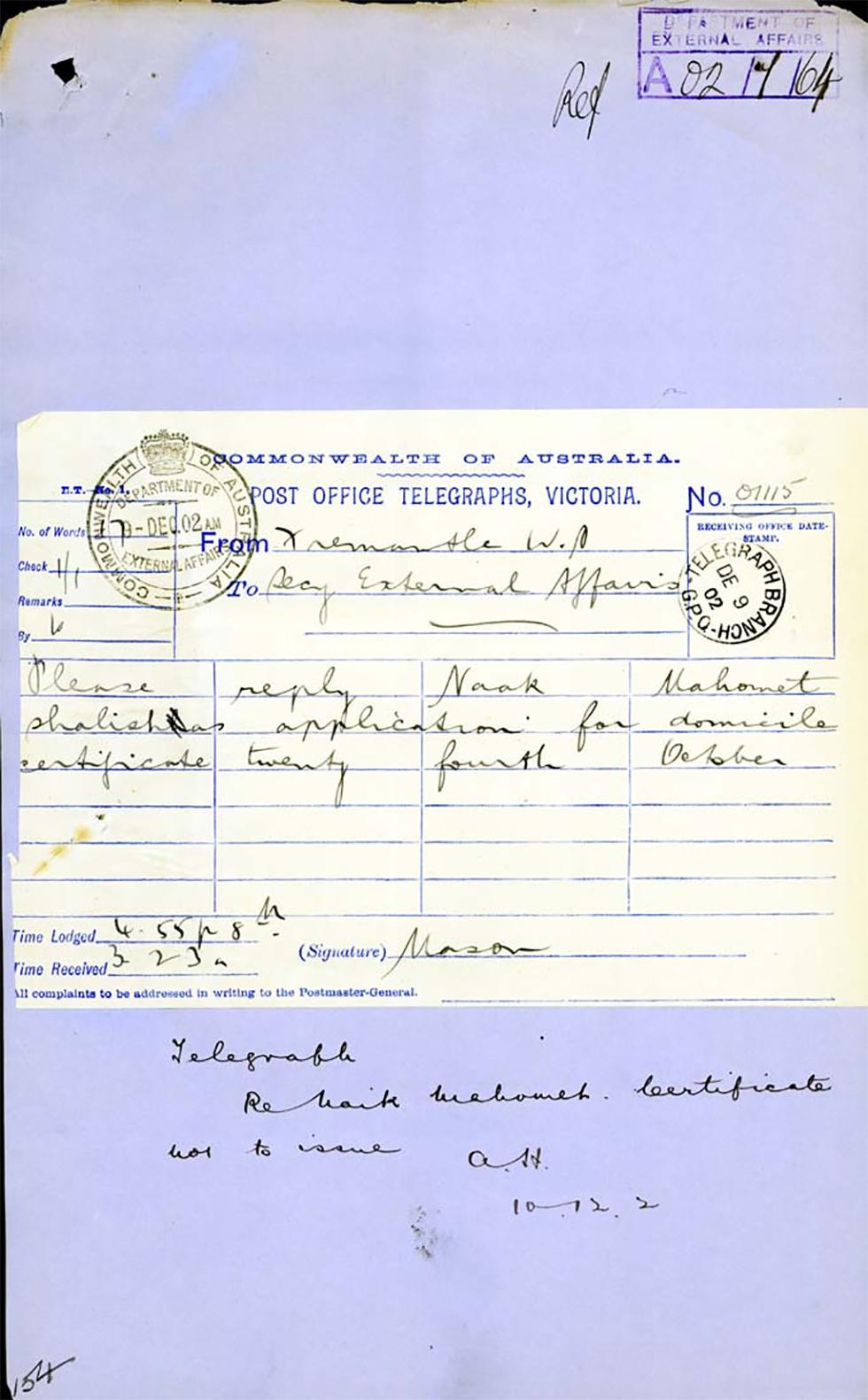 Telegram to the Secretary of the Department of External Affairs with his annotated reply.