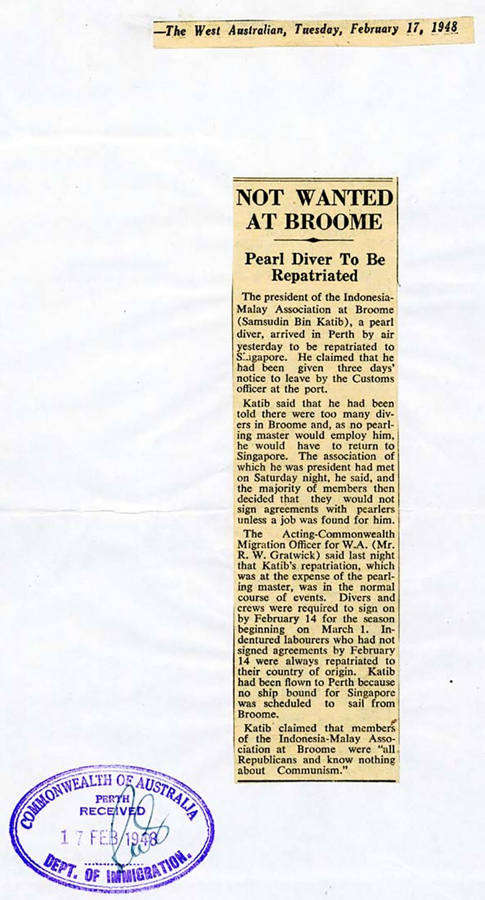 A newspaper article entitled "Not wanted at Broome".