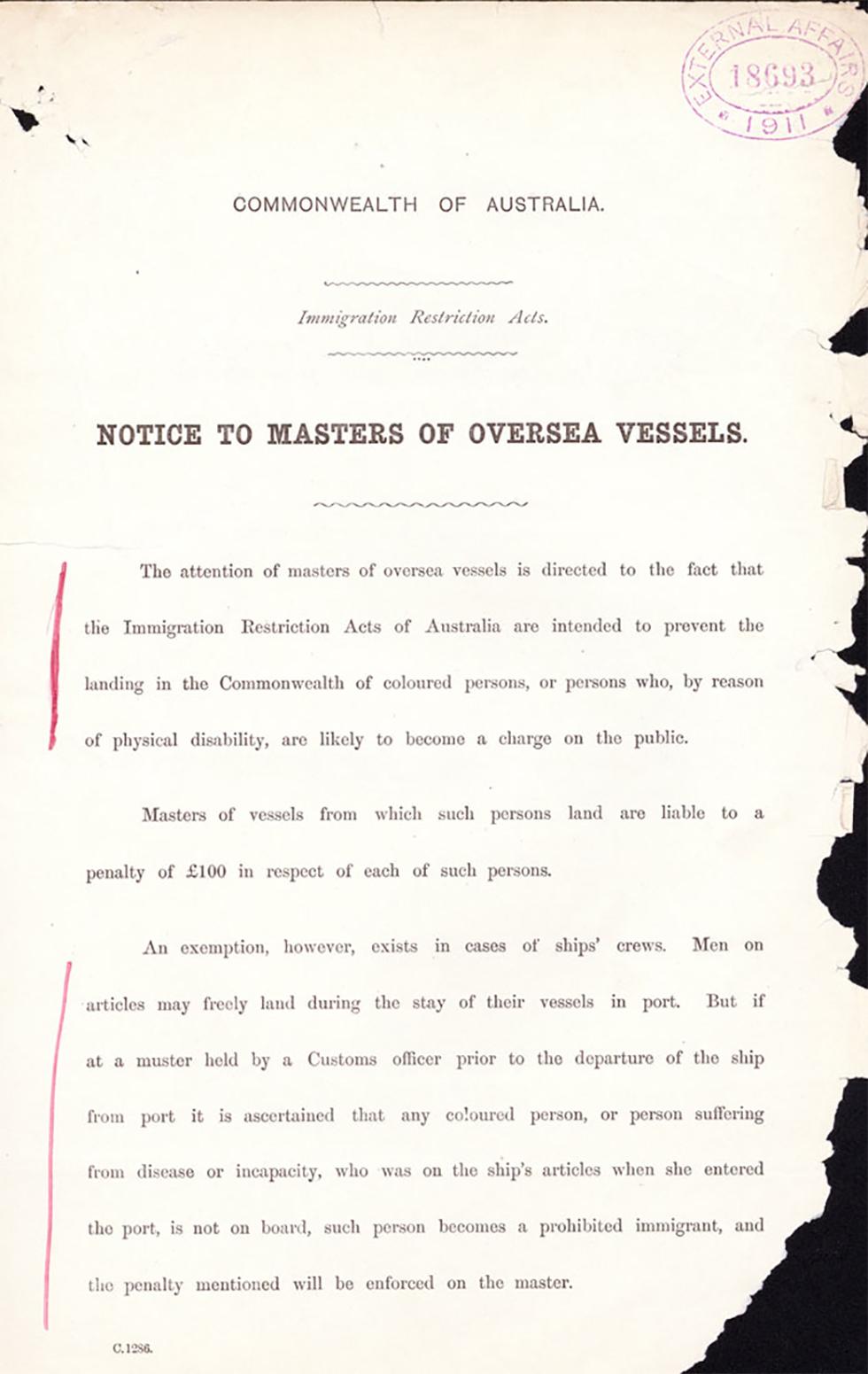 Notice to Masters of overseas vessels about penalty for carrying prohibited passengers.