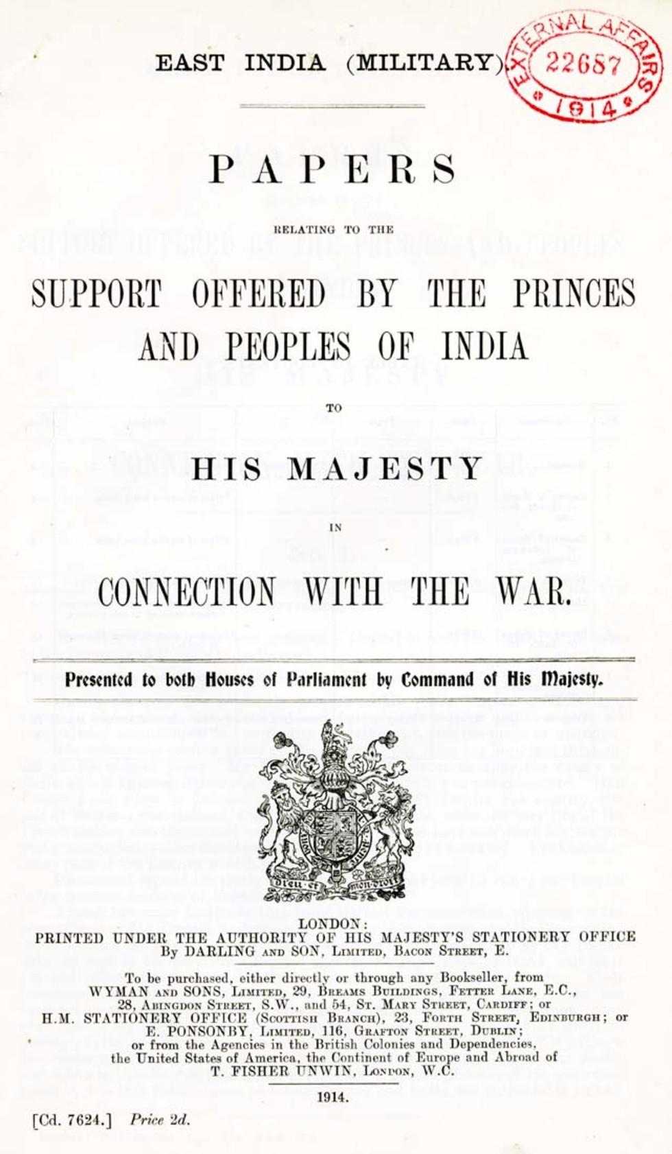 Support offered by the princes and peoples of India in connection with the war