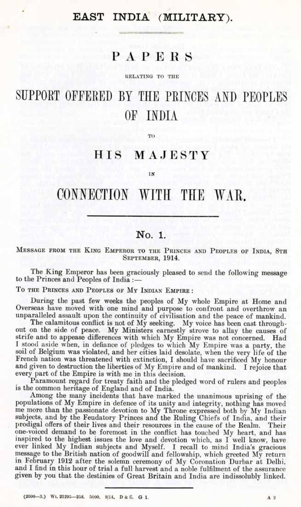 Support offered by the princes and peoples of India in connection with the war