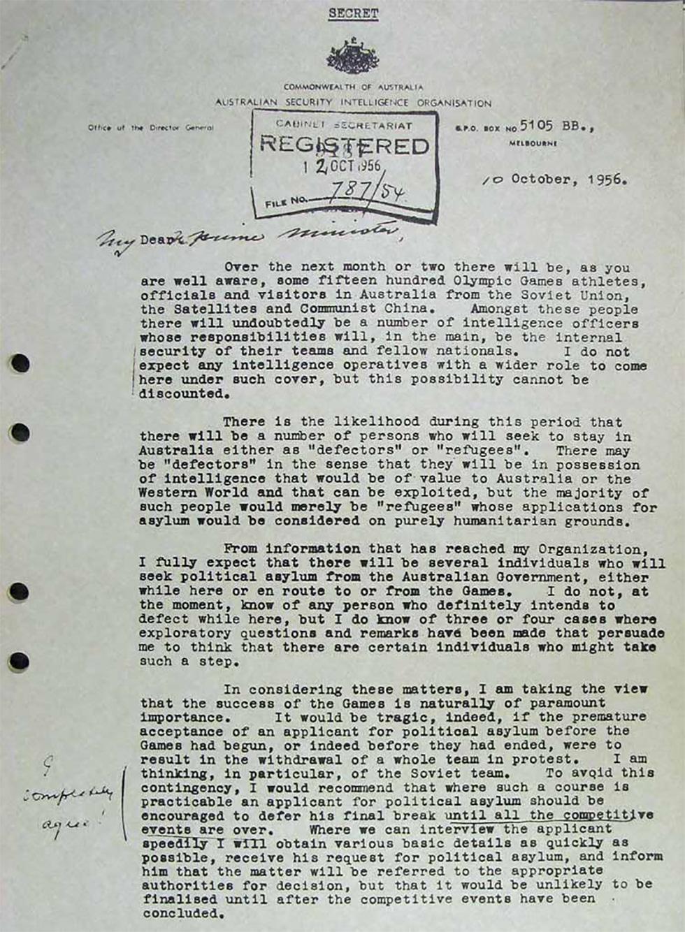 Secret letter to Prime Minister Robert Menzies - page 1.