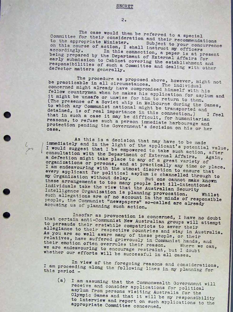 Secret letter to Prime Minister Robert Menzies - page 1.