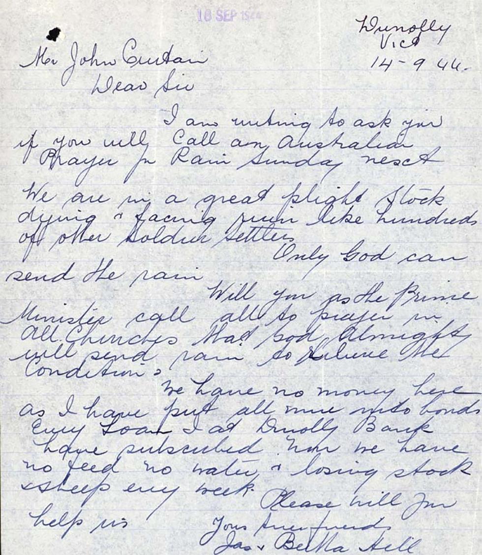 Letter to Prime Minister J Curtin.