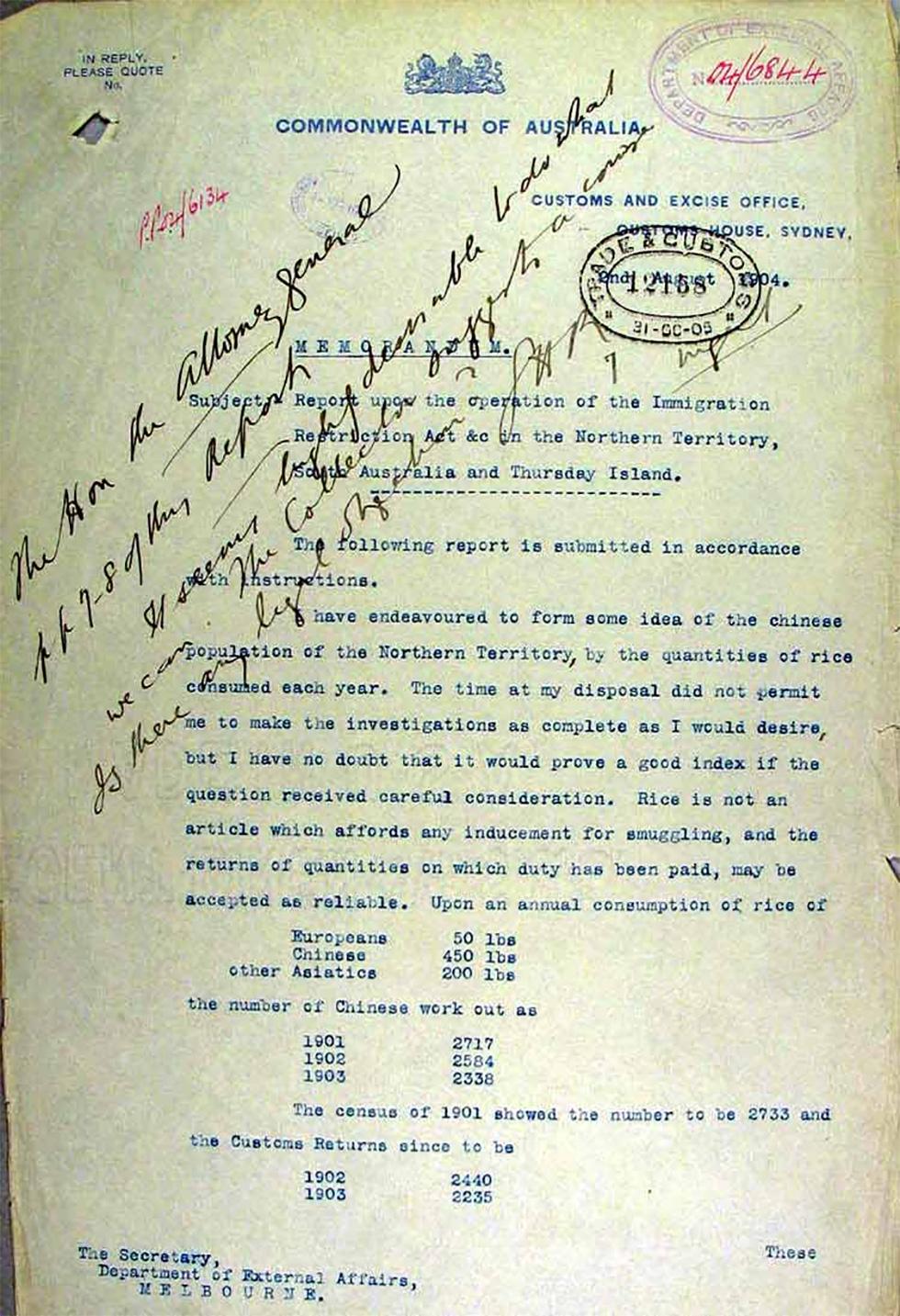 Operation of the Immigration Restriction Act in the Northern Territory, South Australia and Thursday Island - page 1.