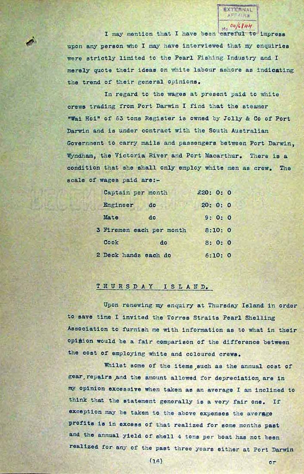 Operation of the Immigration Restriction Act in the Northern Territory, South Australia and Thursday Island - page 16.