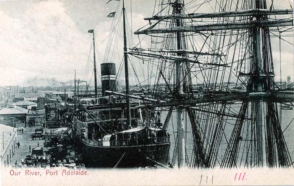 Collotype postcard engraved from original photograph of a ship docked at Port Adelaide.