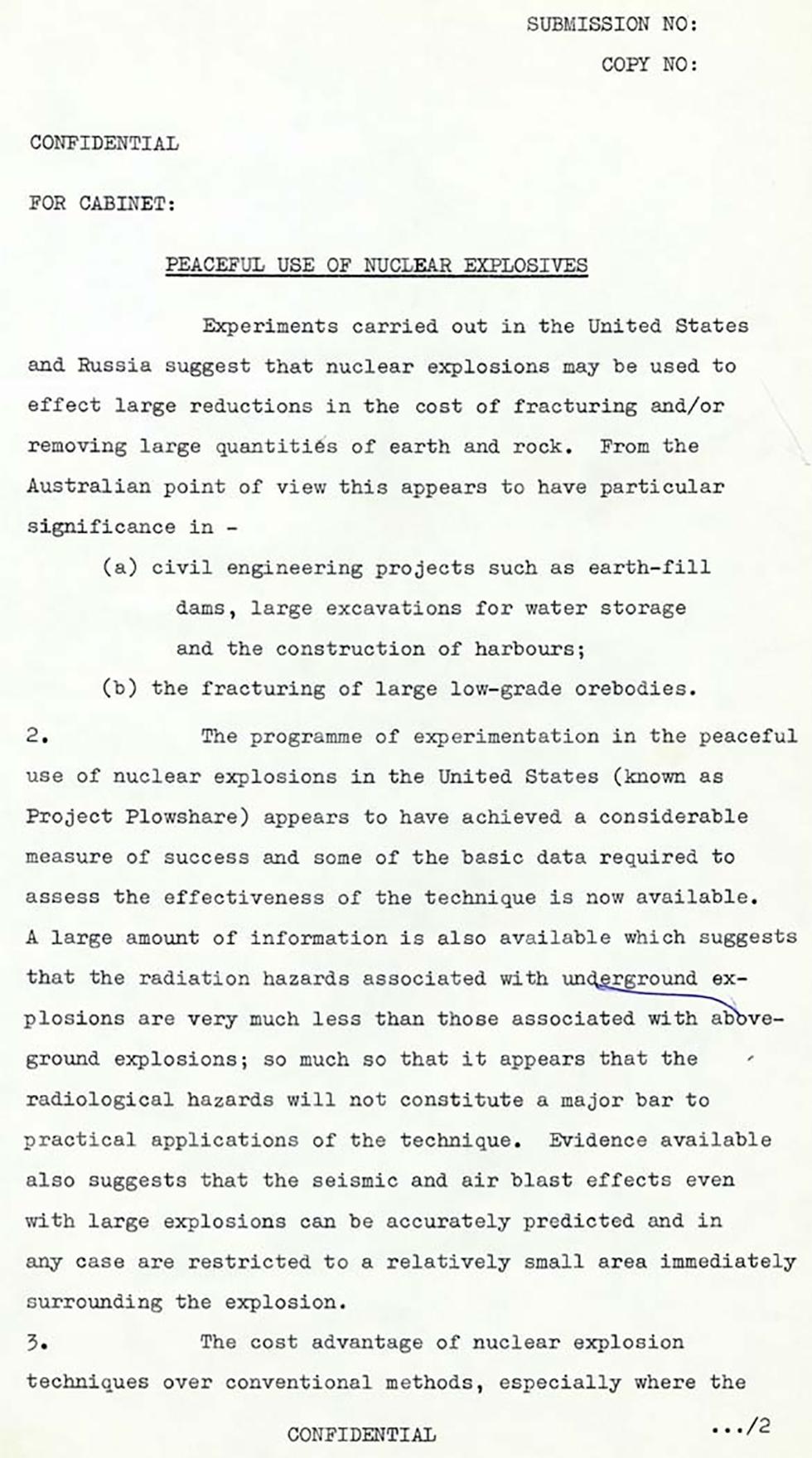 A confidential cabinet submission proposing an alternative use for nuclear explosives - page 1.