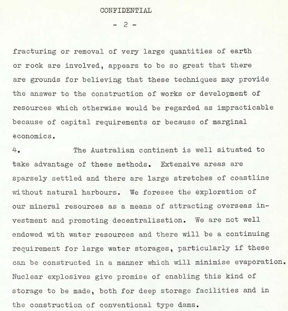 A confidential cabinet submission proposing an alternative use for nuclear explosives - page 2.