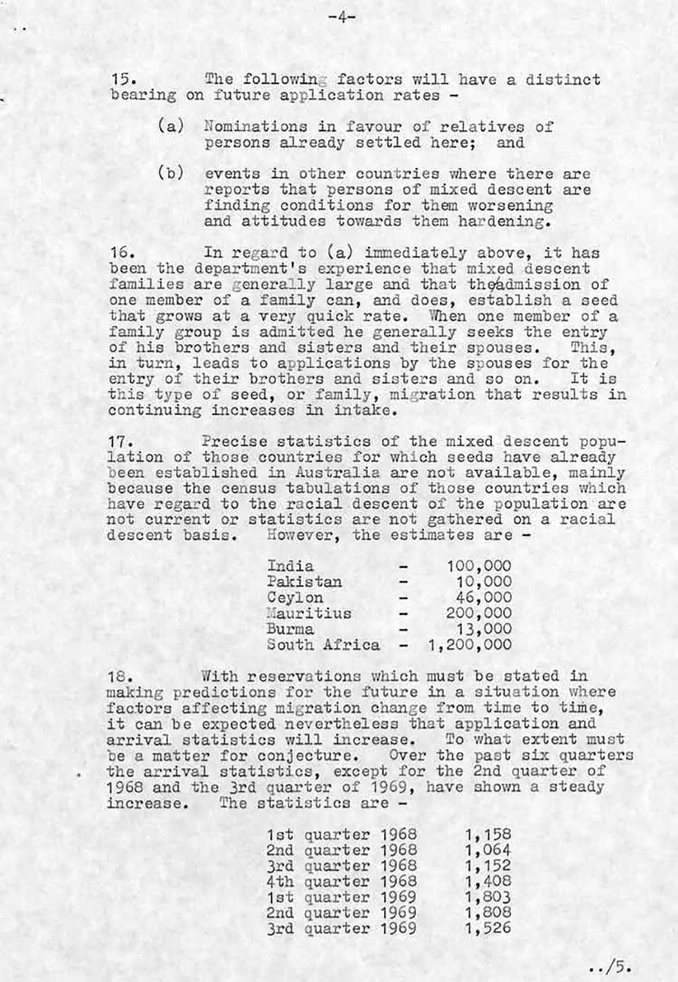 Department of Immigration background paper regarding the policy for the admission of persons of mixed descent - page 4.