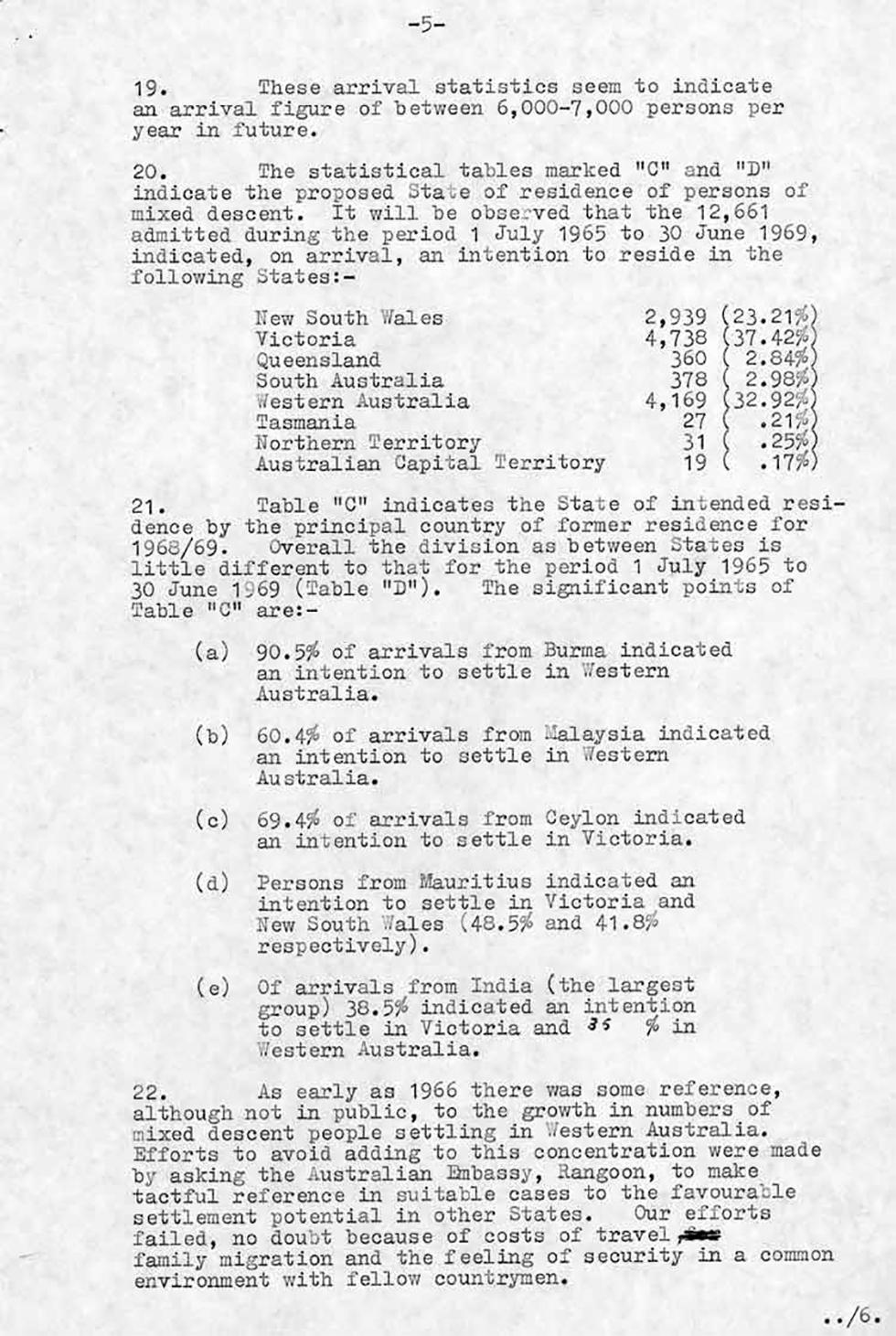 Department of Immigration background paper regarding the policy for the admission of persons of mixed descent - page 5.