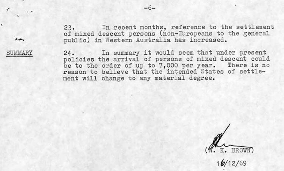 Department of Immigration background paper regarding the policy for the admission of persons of mixed descent - page 6.