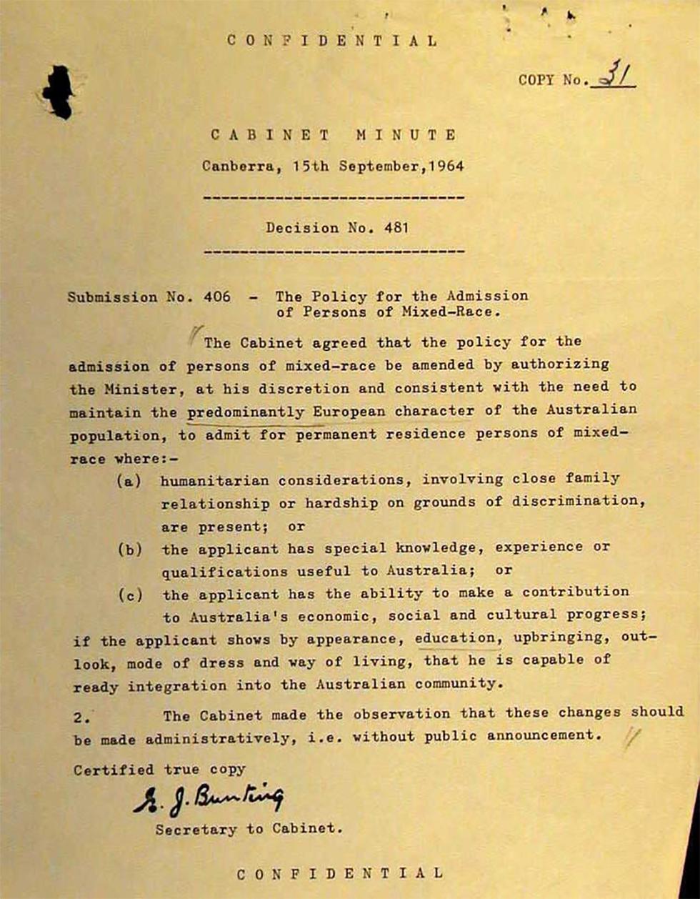 Document regarding a Cabinet decision to amend the Policy for the Admission of Persons of Mixed-Race.