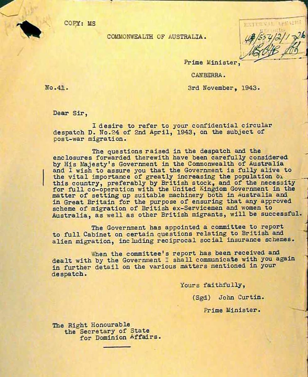 Letter to the Secretary of State for Dominion Affairs on postwar migration.