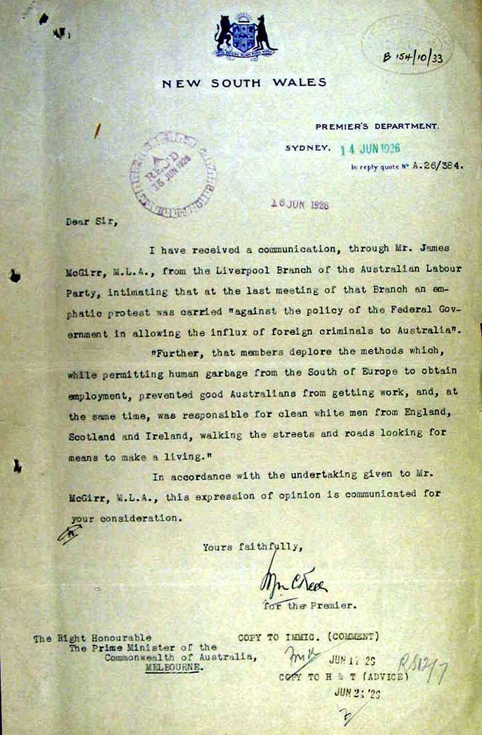 Letter to Prime Minister Stanley Bruce