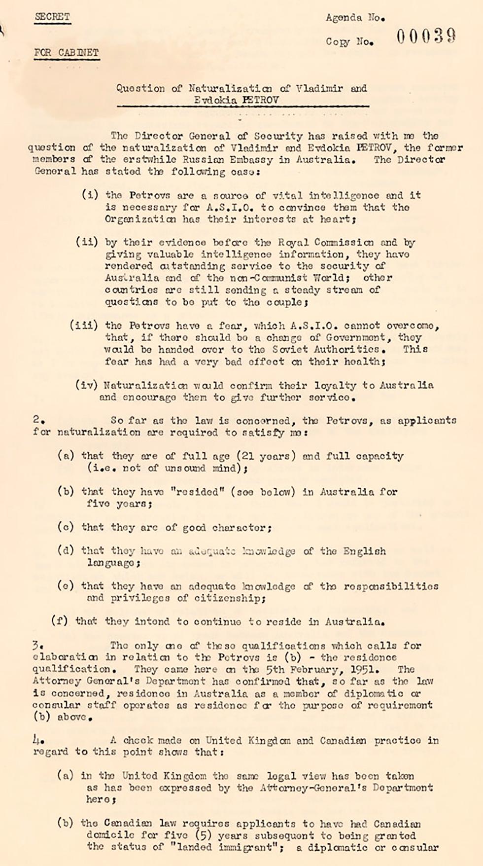 Copy of a Cabinet submission seeking Cabinet agreement to a proposal to grant Australian citizenship to Russian defectors Vladimir and Evdokia Petrov.