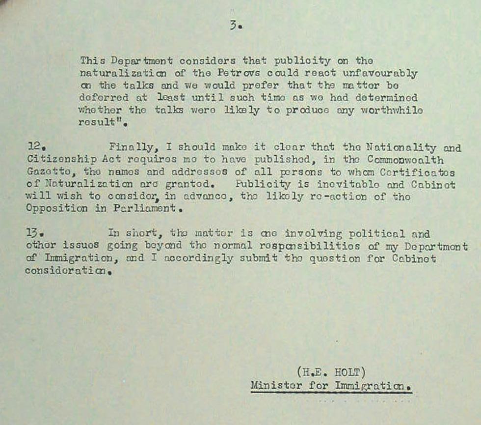 Copy of a Cabinet submission seeking Cabinet agreement to a proposal to grant Australian citizenship to Russian defectors Vladimir and Evdokia Petrov.