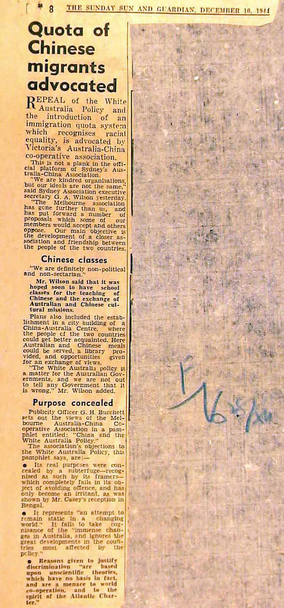 Newspaper article on the quota of Chinese migrants advocated by Victoria's Australia-China co-operative association.