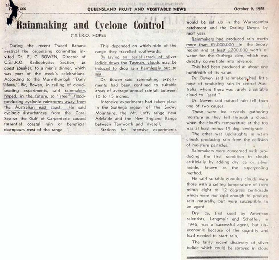 Newspaper extract regarding rainmaking and cyclone control.