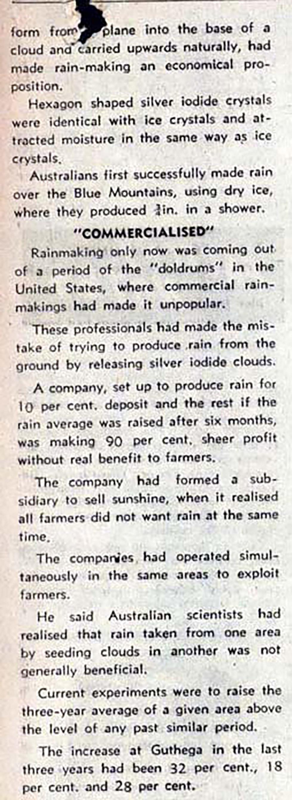 Newspaper extract regarding rainmaking and cyclone control.