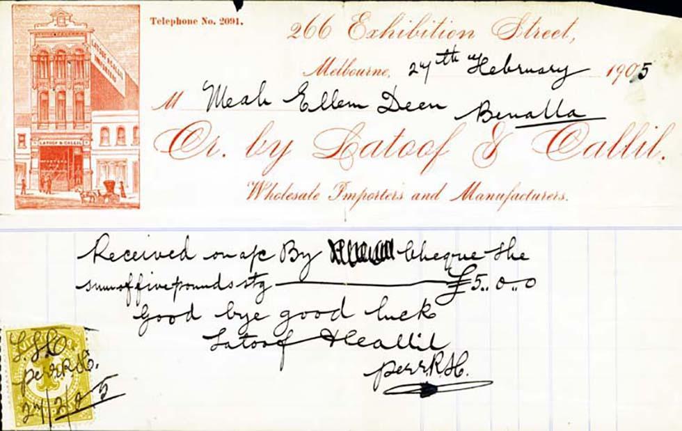 Receipt and personal greeting for Indian migrant Ellum Deen.