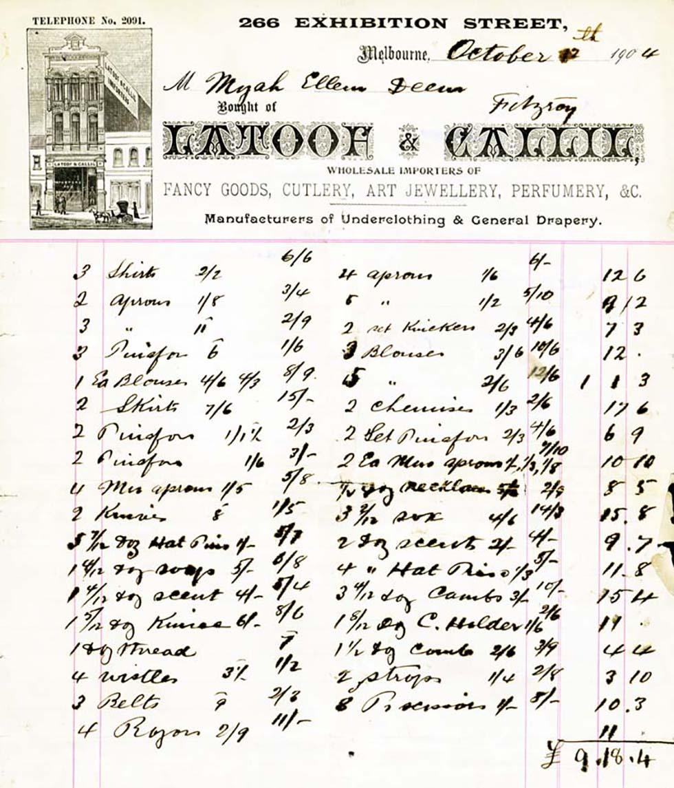 Receipt showing goods purchased by Indian migrant Ellum Deen.