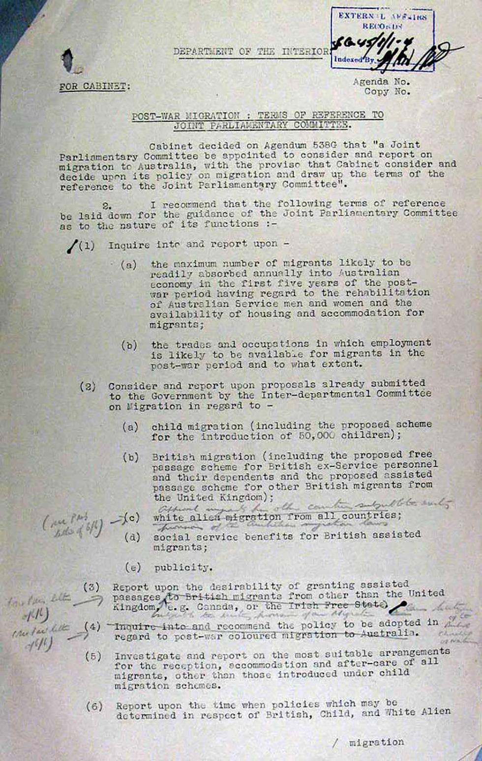 Copy of Cabinet submission on terms of reference for post-war migration joint parliamentary committee.