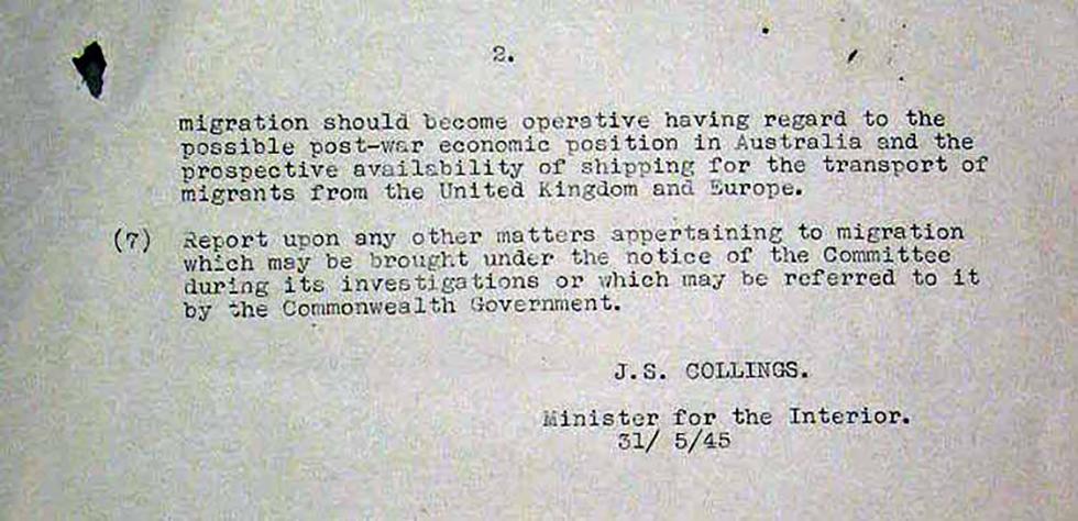 Copy of Cabinet submission on terms of reference for post-war migration joint parliamentary committee.