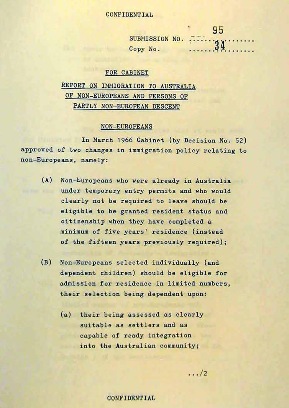 Cabinet submission on immigration to Australia of non-Europeans and persons of partly non-European descent.