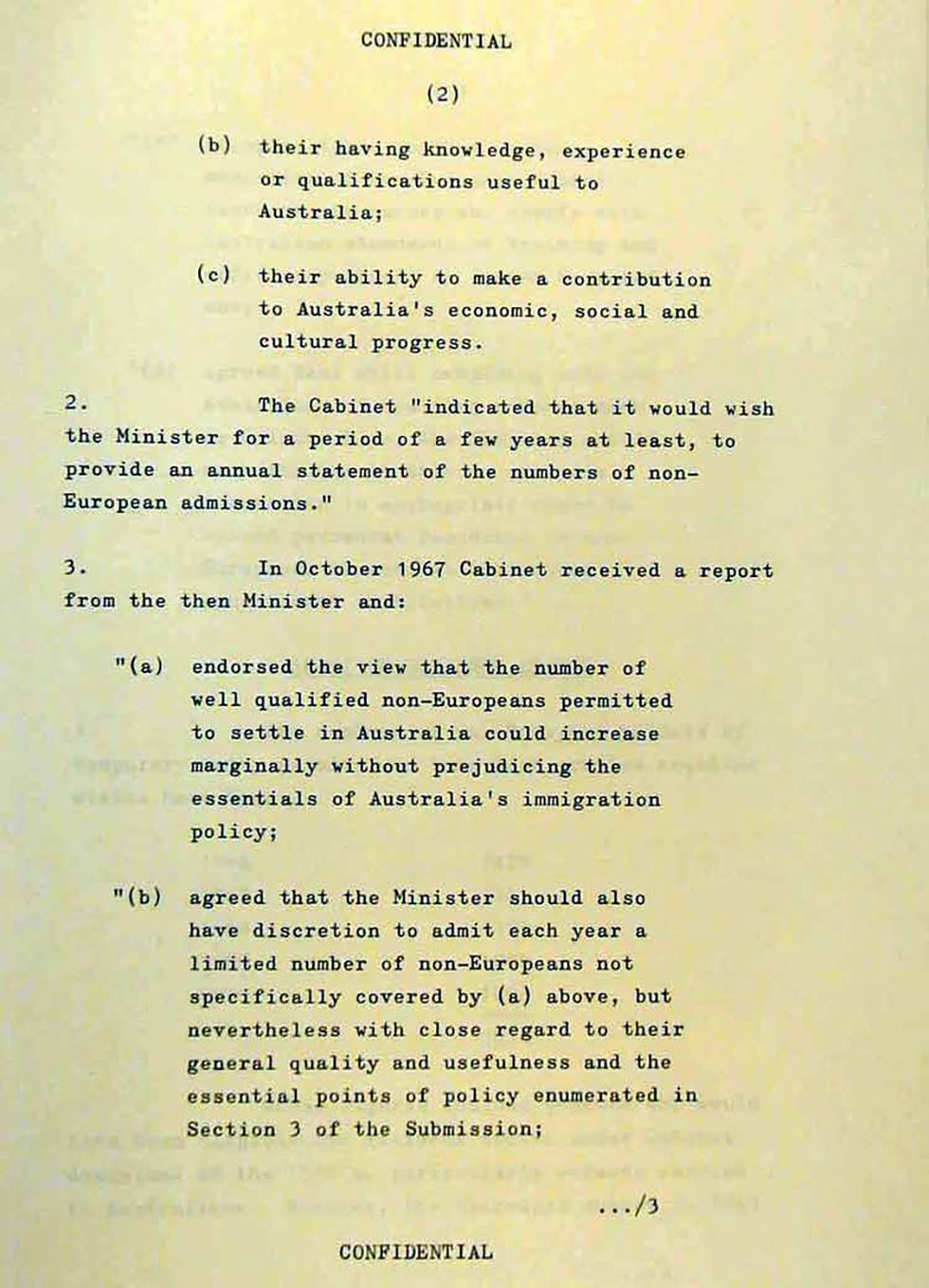 Cabinet submission on immigration to Australia of non-Europeans and persons of partly non-European descent.