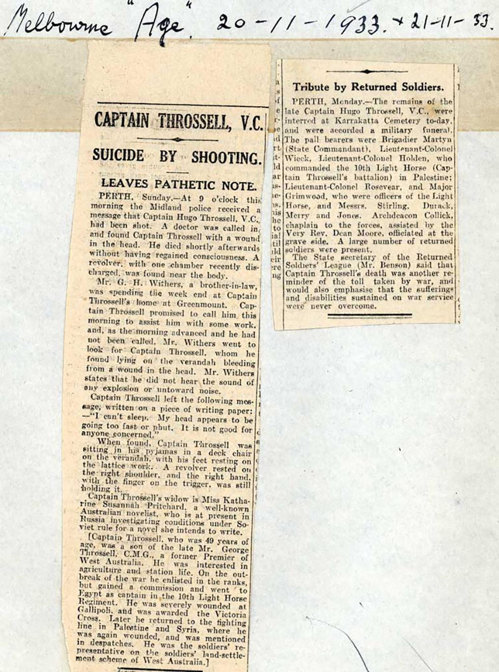 Newspaper article on the death and funeral of Captain Throssell. 