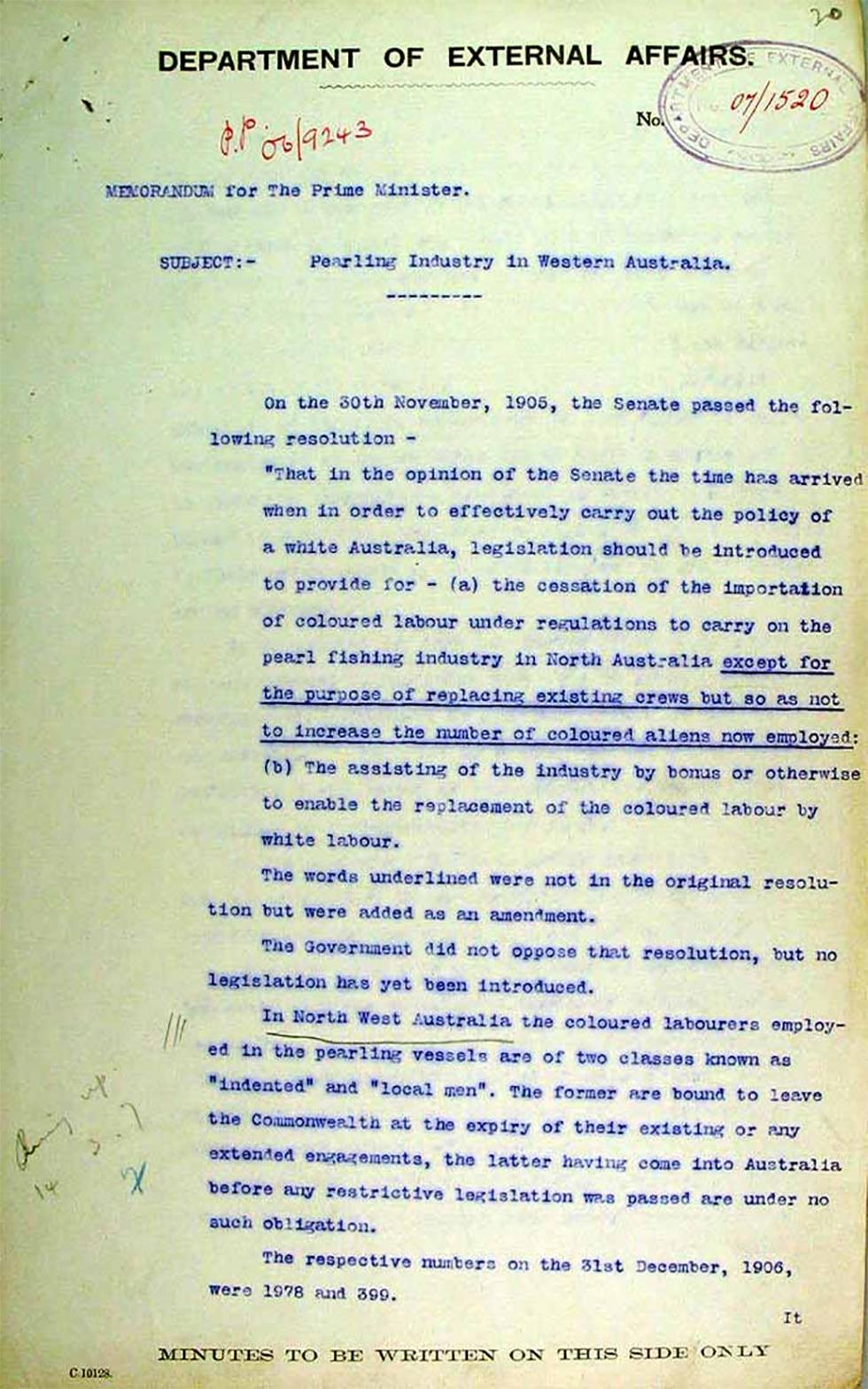 Memorandum for the Prime Minister of Australia regarding the pearling industry - page 1.