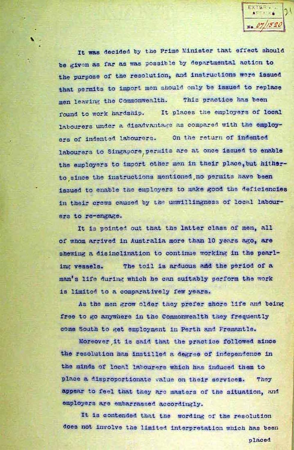 Memorandum for the Prime Minister of Australia regarding the pearling industry - page 2.